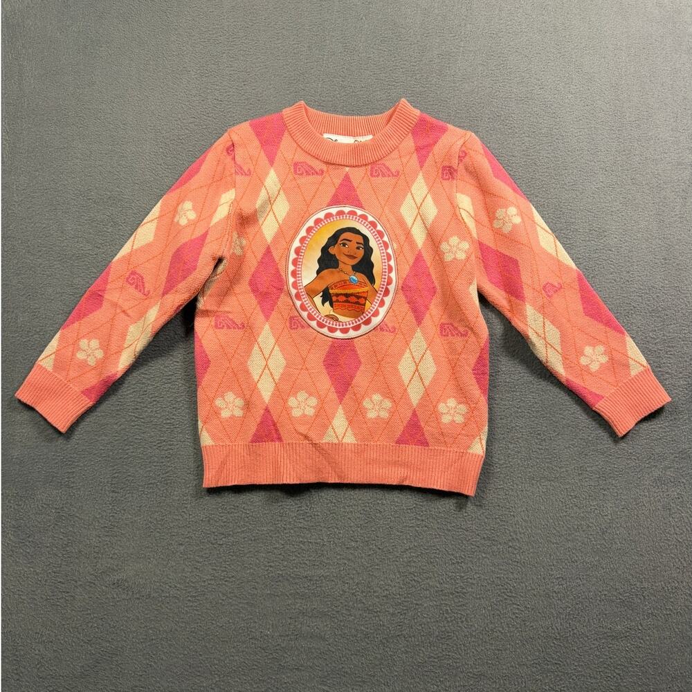 Disney Moana Kids Girls 4-5Y Pink Argyle Knit Sweater Pullover Hibiscus Flowers